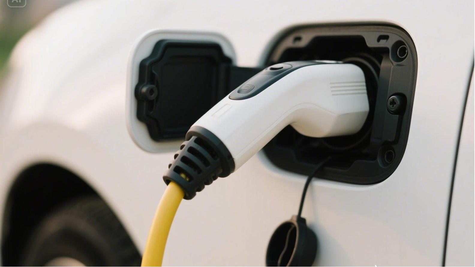 充電樁充電槍插在車上的特寫(xiě)，寫(xiě)實(shí)一些